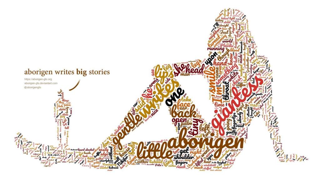 A word-cloud of text shaped like a gigantic reclining woman and a tiny man standing nearby.
