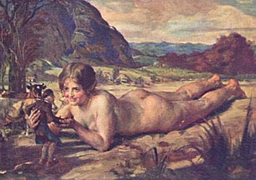 A 25' tall nude woman lies on her chest in an open field, smiling and toying with a befuddled peasant.