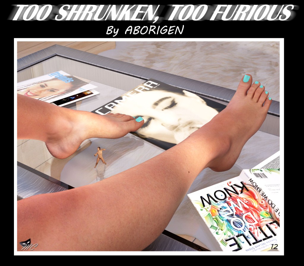 A tiny naked man orates dramatically between a gigantic woman's bare foot and her bare calf, upon the coffee table.