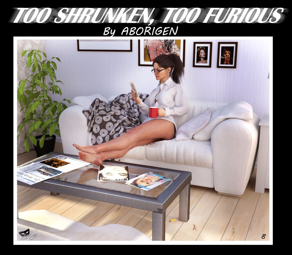 A tiny speck of a naked man runs beneath a coffee table. A gigantic, semi-nude woman reads a book upon a couch, her legs stretched to the coffee table.