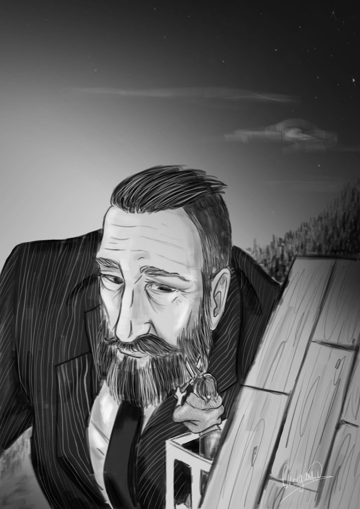 A giant man stoops to have his beard trimmed by a tiny woman on a balcony, wielding a pair of hedge trimmers.