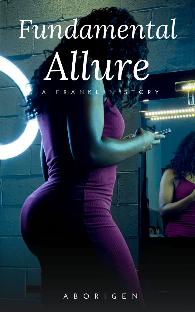 A curvy Black woman checks her cellphone, standing in a dimly-lit room with a ring light and a mirror.