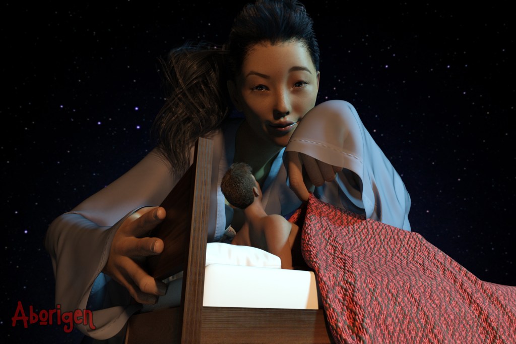 A Korean giantess slowly pulls the bed sheets off a tiny sleeping man.