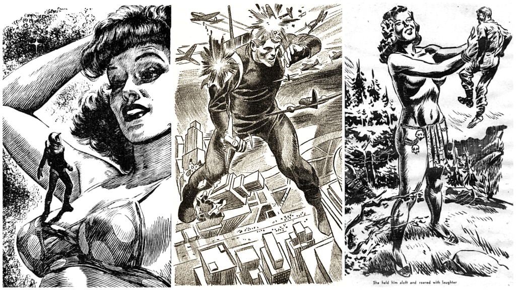 Collage of vintage pulp fiction illustrations. An astronaut stands upon the breast of a giantess in a bikini; a giant man in futuristic clothes fends off an aerial assault while stumbling through a city; a giant woman in loincloth playfully hoists a man like a baby.