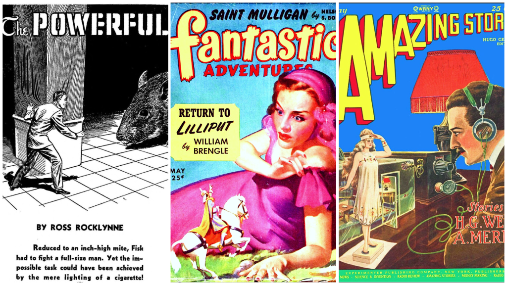 Collage of vintage pulp fiction illustrations featuring tiny people. A tiny man fights off a rat; a princess is startled by a tiny knight on a horse; a ham radio operator regards a tiny woman materializing on a small platform.