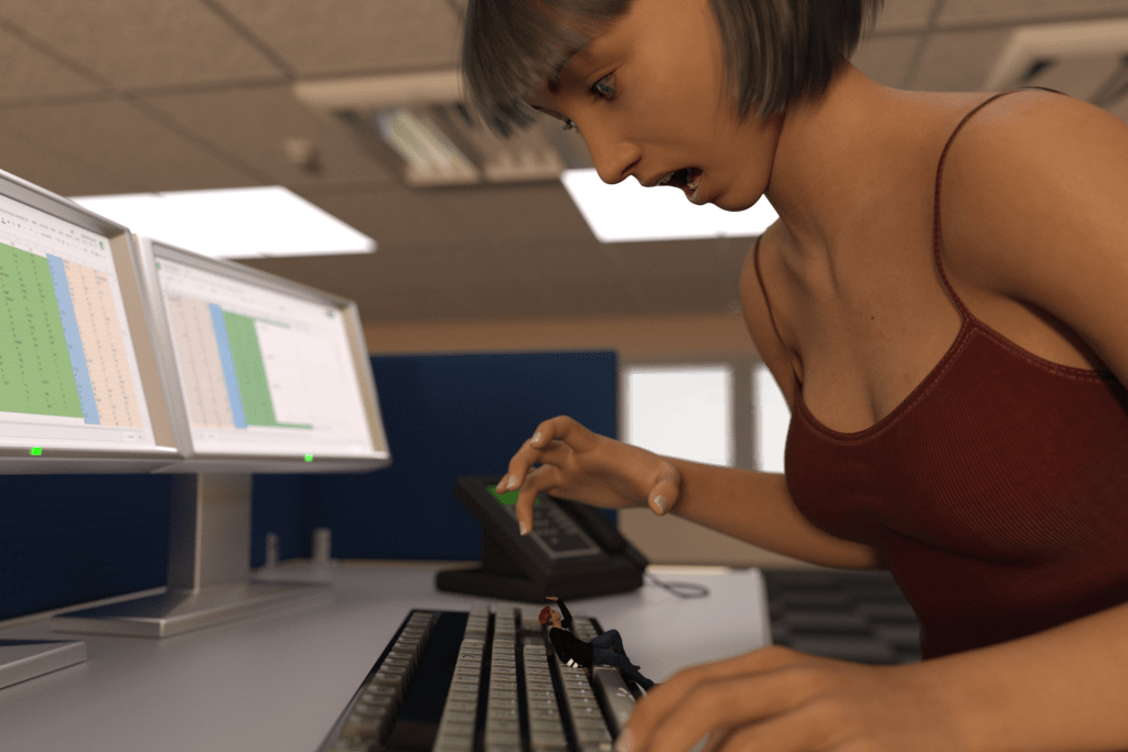 A woman leans over her computer keyboard in shock, as a tiny man waves up at her from the keys