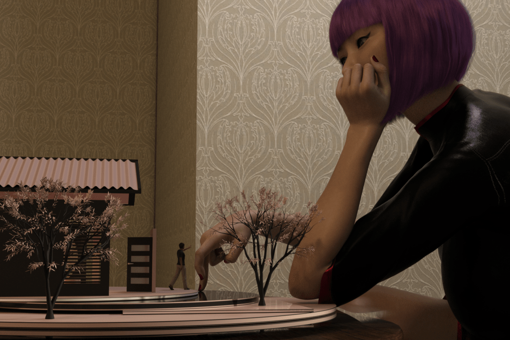 A woman sticks her fingers out in a walking gesture, making them approach a tiny man living in a dollhouse.