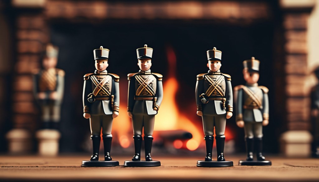 A row of vintage British tin soldiers stands before a fireplace