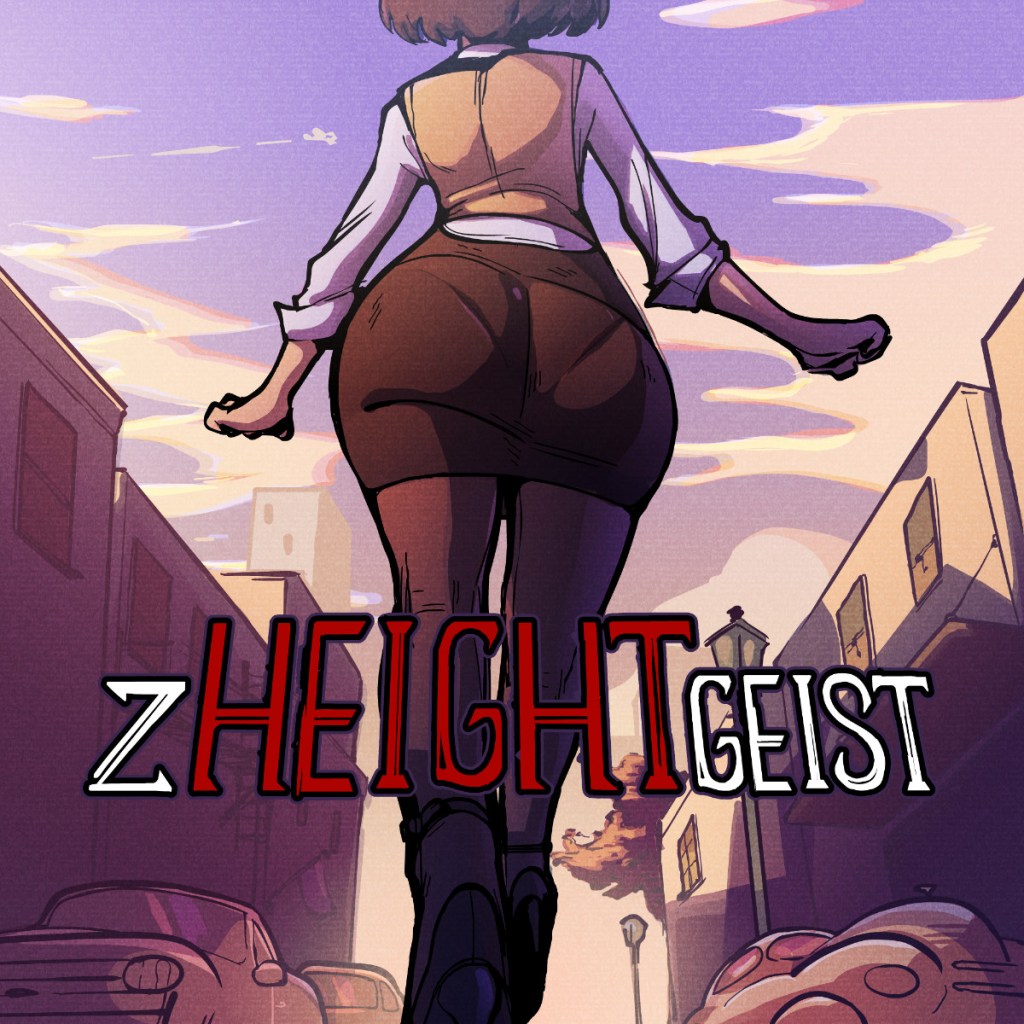 A gigantic Sophia walks down a city street, shaking her butt; illustration by Tail-Blazer