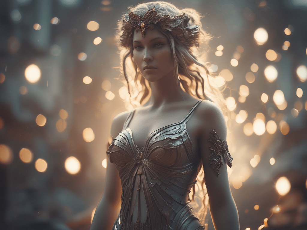 A dreamy photorealistic image of a tall, slender woman in golden armor and a golden crown of flowers and feathers. Her background sparkles with the blurry bokeh effect.