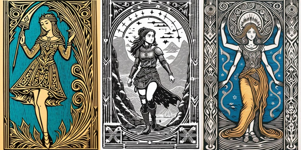 Triptych of three woodcut illustrations generated by AI, featuring a young cute Muse, an Explorer traveling through the mountains, and a four-armed Creator surrounded by stars.