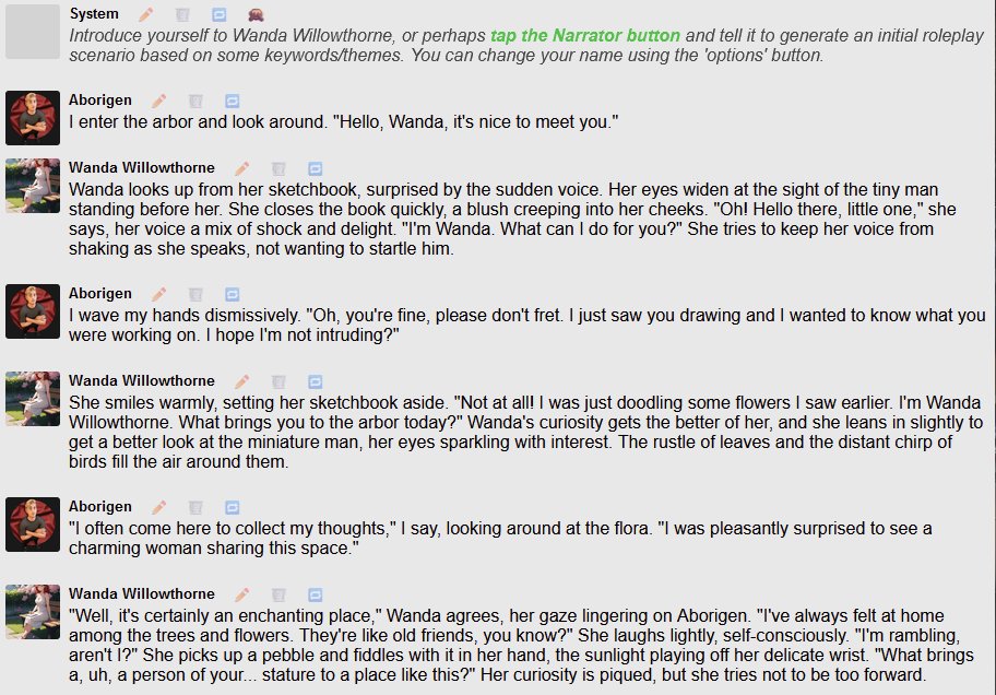 Screenshot of a conversation in which two people are interacting, with described actions and conversation in quotation marks.