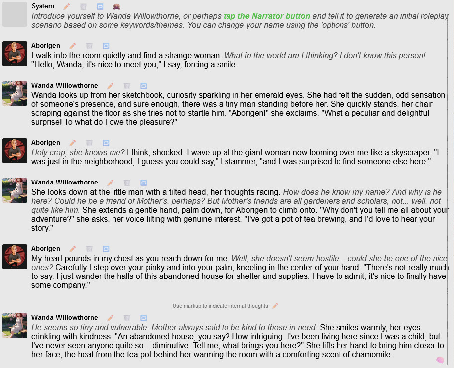 Screenshot of a conversation in which actions are narrated, dialogue is set in quotes, and internal thoughts are italicized.