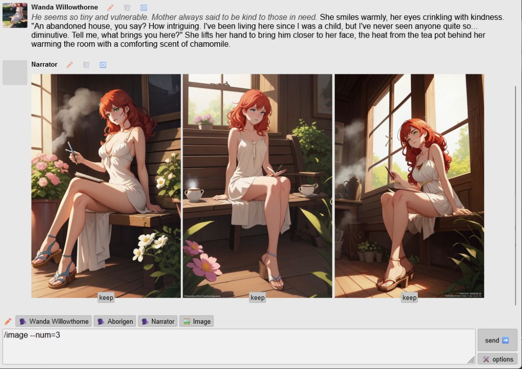 Screenshot of a chatbot conversation plus images. Wanda is commenting on Aborigen's vulnerability, recalling how her mother bade her show kindness to those in need. The narration describes her smiling warmly and she asks about living in an abandoned house, then the narration describes the aroma of a pot of tea. Below this are three images of Wanda, a young redheaded woman in a sundress, sitting on a bench in a sunroom, where a pot of tea steams nearby.