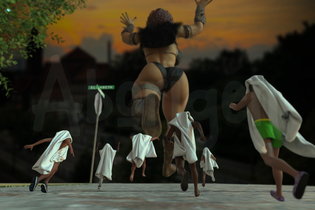 POV from behind the tiny figures: they are six tiny men, inches tall, disguised in handkerchiefs to resemble ghosts. They're chasing after the titaness who looms above them in the distance.