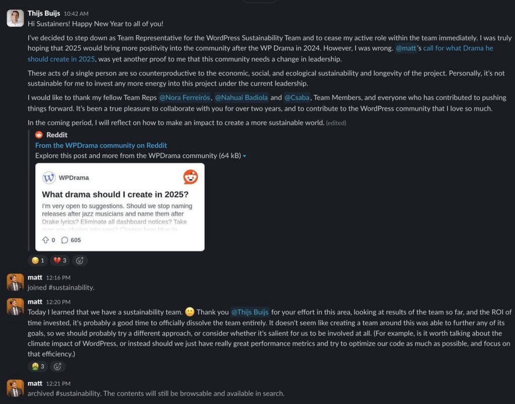 Screenshot of WordPress's head of Sustainability resigning over CEO Mullenweg's erratic antics in leadership. Mullenweg says he just discovered they have a Sustainability team and they're all suspended.